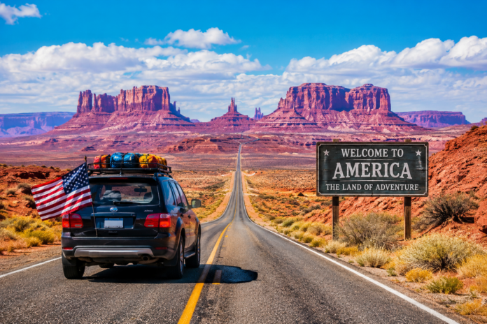 America Road Trip scenic highway with car journey through beautiful landscapes and USA travel adventure