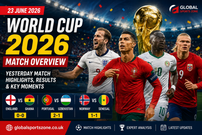 FIFA World Cup 2026 match overview featuring football players, stadium, highlights, results and latest updates