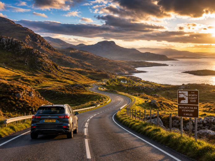 Scenic UK road trip route with a car driving on a winding coastal road surrounded by mountains, ocean view, and beautiful countryside landscape at sunset