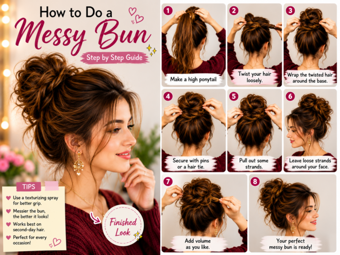 tep by step guide showing how to create a messy bun hairstyle