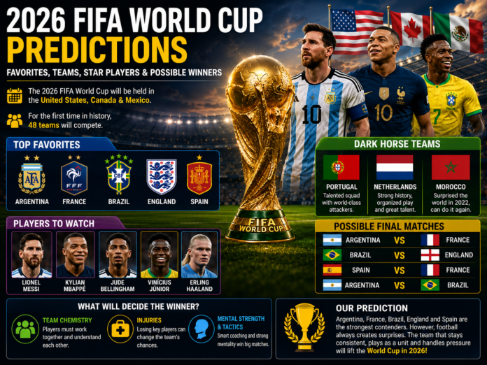 2026 FIFA World Cup predictions with football stadium, players and trophy
