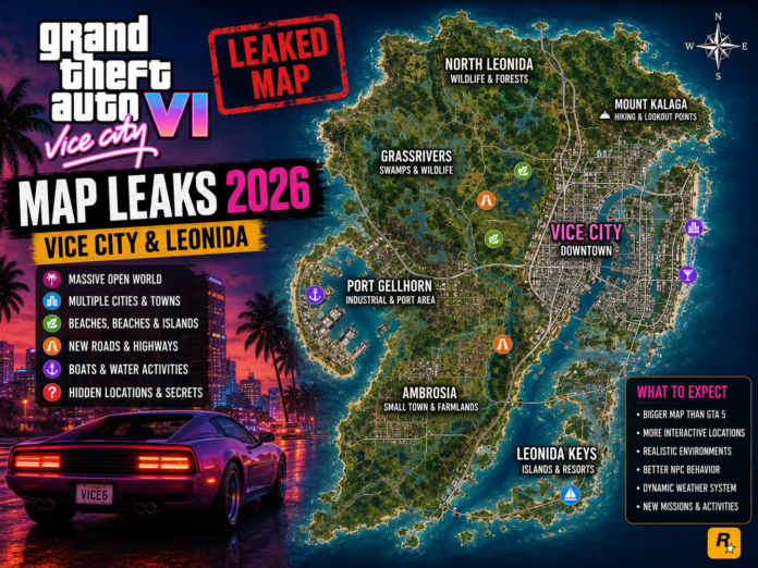 GTA 6 map leaks 2026 showing Vice City and Leonida open world map details