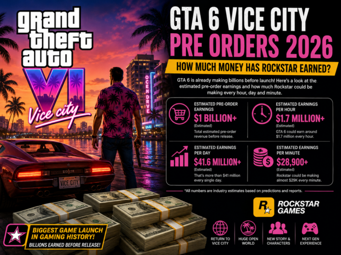 GTA 6 Vice City 2026 pre orders earnings infographic showing Rockstar Games revenue estimates, gaming launch hype, and Vice City inspired city background