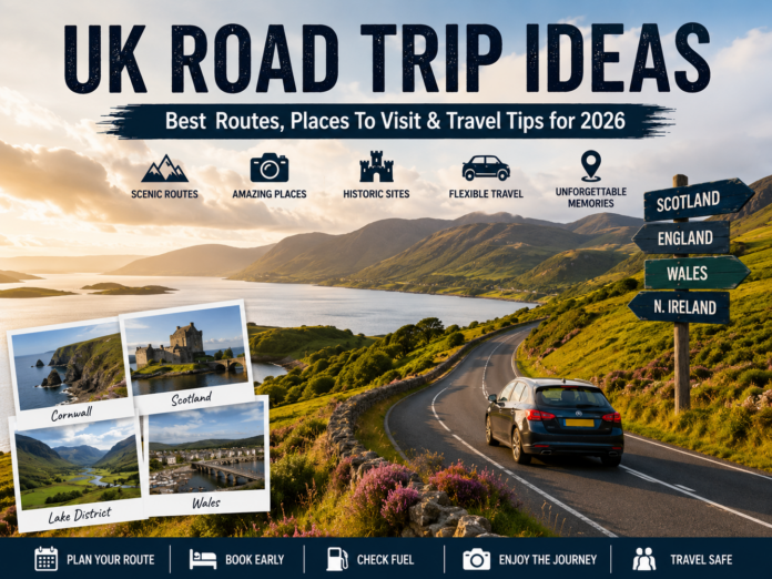 UK road trip ideas 2026 showing scenic countryside roads, mountains, coastline, car journey, and popular travel destinations across England, Scotland and Wales