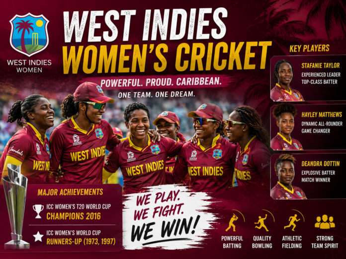 West Indies Women’s Cricket team players celebrating a cricket match victory