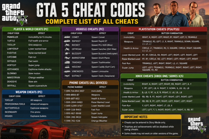GTA 5 cheat codes complete list for PC PS5 PS4 and Xbox with vehicle, weapon and phone cheats guide