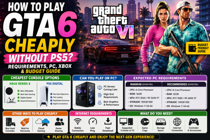 GTA 6 without PS5 guide showing cheap ways to play GTA 6, PC requirements, Xbox options and budget gaming tips