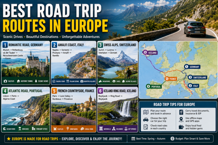 Best road trip routes in Europe featuring scenic drives, Germany Romantic Road, Italy Amalfi Coast, Swiss Alps and Iceland Ring Road