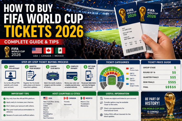 How to buy FIFA World Cup tickets 2026 guide showing ticket buying process, prices, categories, host countries and football stadium