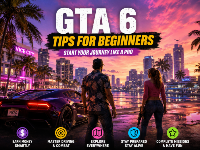 GTA 6 beginner guide featuring an open-world city, sports car, and two original protagonists exploring the game world.